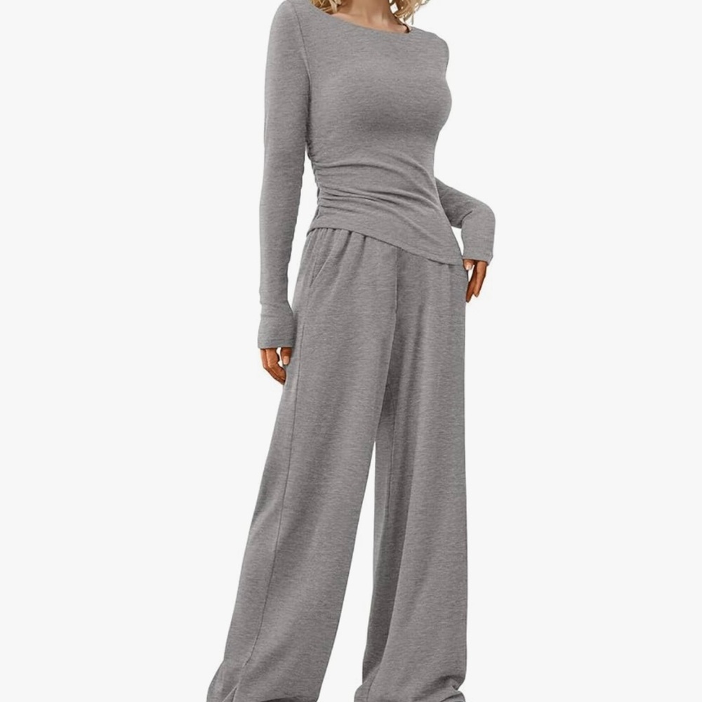 Gray Wide-Leg Lounge Pants and asymmetrical shirt